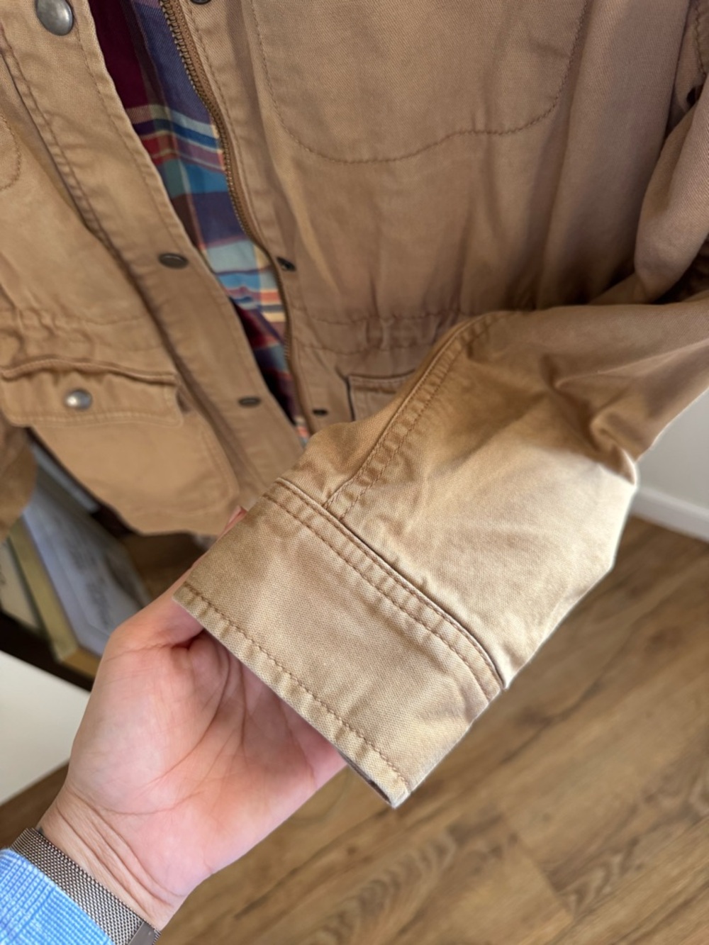L.L. Bean Classic Utility Field Jacket - Tan Khaki - Plaid Flannel Lined | Small - Picture 3 of 10